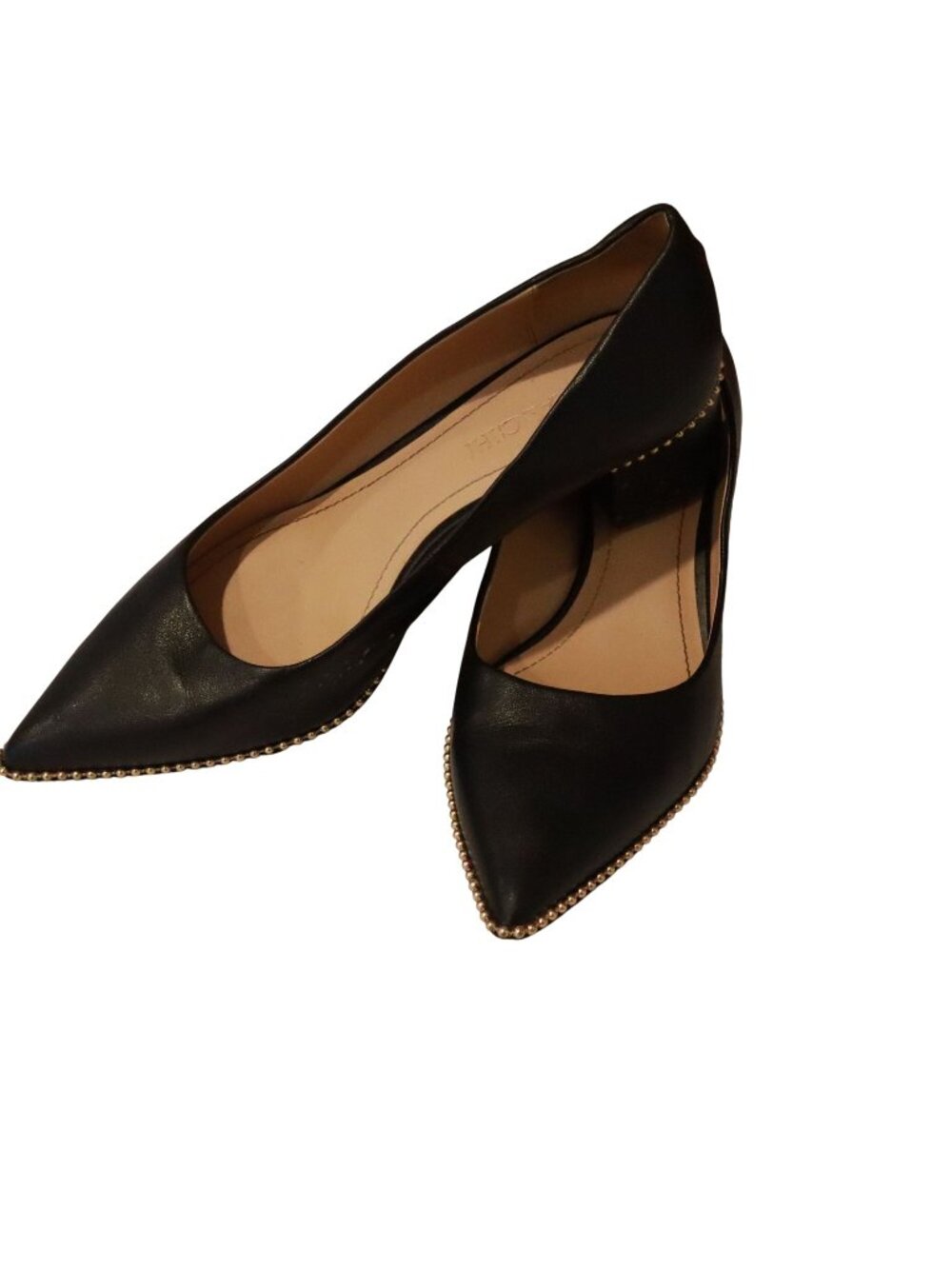 Coach Black Leather Gold Bead Trim Pointed Toe Flats Pumps Dress Shoes